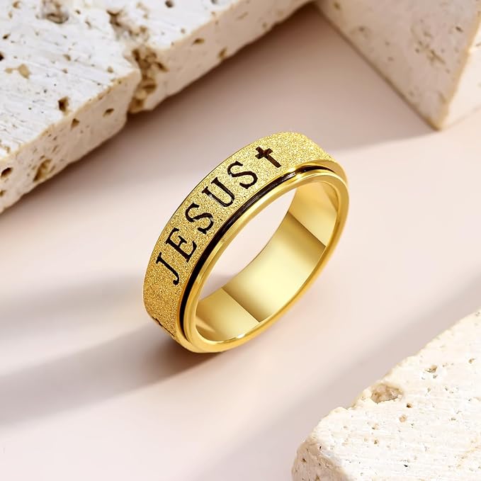 OreilleStar Fidget Spinner Anxiety Ring for Women: Fidget Toys Adults Cute Jesus Thumb Ring Stainless Steel Gold Silver Size 5 6 7 8 9 10 (Gold, 6)