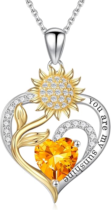 Iefil Christmas Gifts for Women Wife - Sunflower Birthstone Necklace for Women, Anniversary Birthday Gifts 925 Sterling Silver Heart Pendant You Are My Sunshine Jewelry for Girlfriend Mom Daughter IEFIL