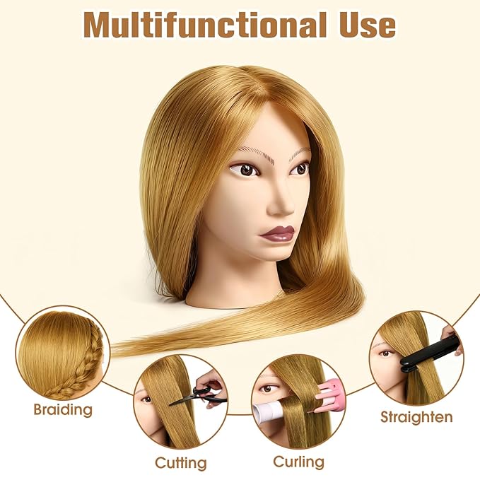 26" Mannequin Head Human Hair, MYSWEETY Cosmetology Mannequin Head with 80% Human Hair, Practice Training Doll Head with Clamp Holder and Tools (Golden) MYSWEETY
