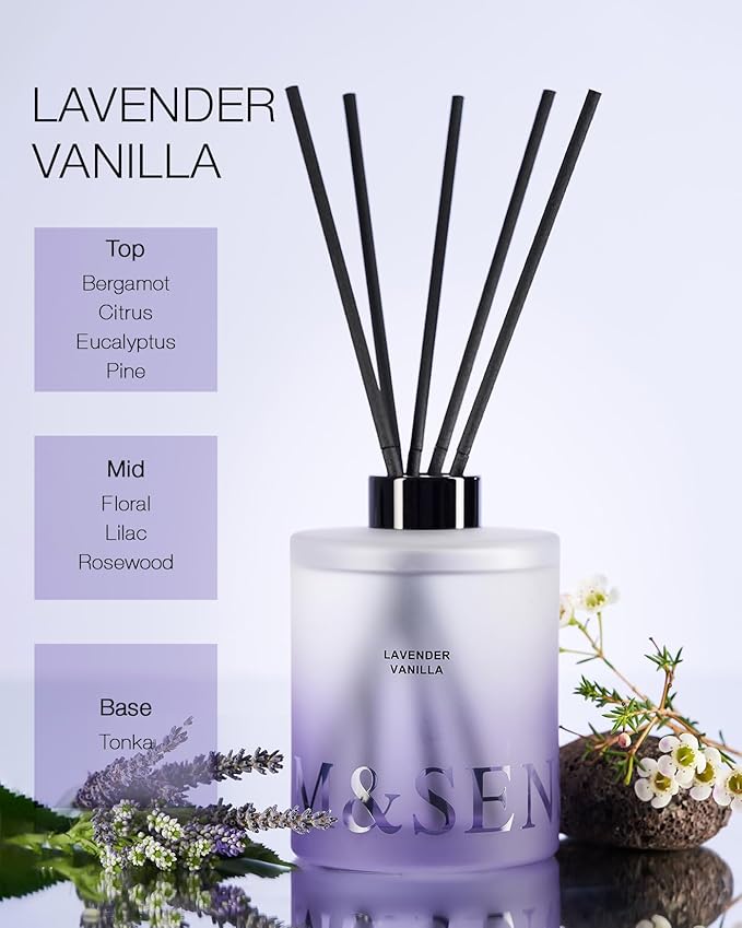 M&SENSE Lavender Vanilla Reed Diffuser Set - 16.9 fl oz Long-Lasting Home Scent Diffuser with Sticks, Natural Essential Oil Diffuser Gift for Office, Bedroom Bathroom MSENSE