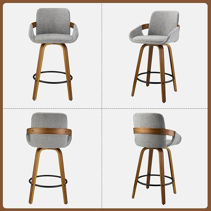 Swivel Bar Stool, Fabric Counter High Stools with Back and Armrest 360° Swivel Walnut Bar Chair for Kitchen Island Home Dining - Light Grey VipDesk