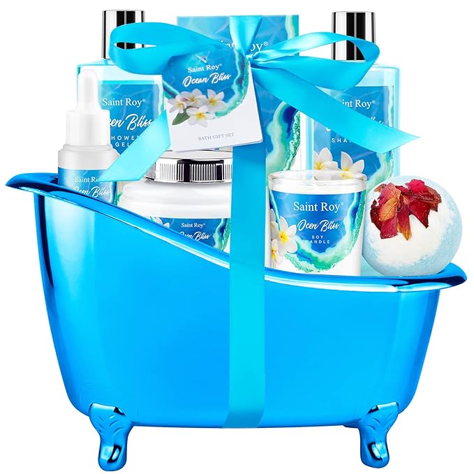 Bath & Body Gift Set, Bath Basket Spa kit Gifts for Her Him Birthday Gifts for Women, Luxury Home Spa Kit, 8pcsChristmas Gifts for Women Ocean Vanilla, Spa Gift Baskets, Unique Mother's Day Gifts SaintRoy