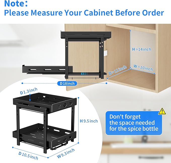 Pull Out Spice Racks for Inside Cabinets, 2-Tier Cabinet Spice Rack, Height Adjustable Spice Rack Organizer for Cabinet, Kitchen Vertical Spice Rack (9.7''Wx10.8''Dx9.2''H, Metal Black) BOIVSHI
