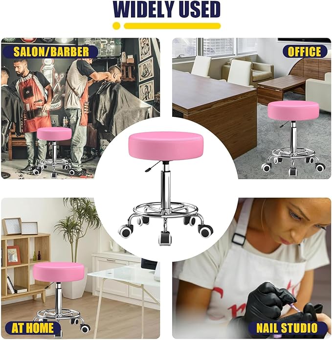 Rolling Stool, Heavy Weight Capacity 250lb, PU Leather Rolling stools, Ultra Soft Padded Seat, Rolling Stools with Wheels and Footrest, 360° Swivel, Spa Drawing Salon Work Office Tattoo Stool (pink) YEEZEE