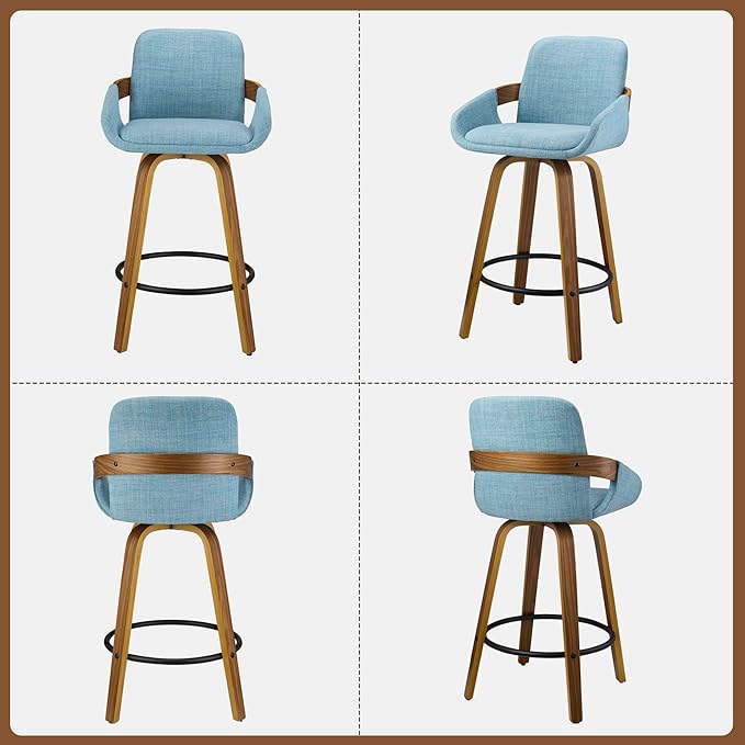 Bar Stool Set of 2, Fabric Counter High Stools with Back and Armrest 360° Swivel Walnut Bar Chair for Kitchen Island Home Dining - Blue VipDesk