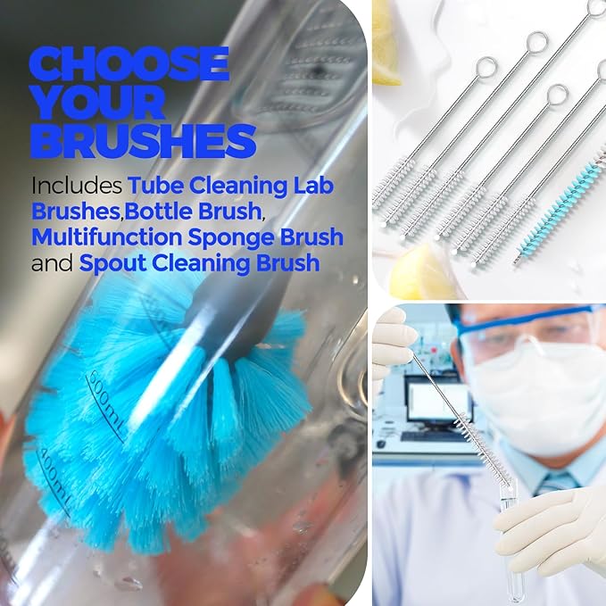 Holikme Bottle Brush Tube Cleaning Lab Set with Long Handle, Cup Cleaner for Washing Narrow Neck Beer Wine Decanter Pipes Lids Sinks Cap Covers, White Holikme