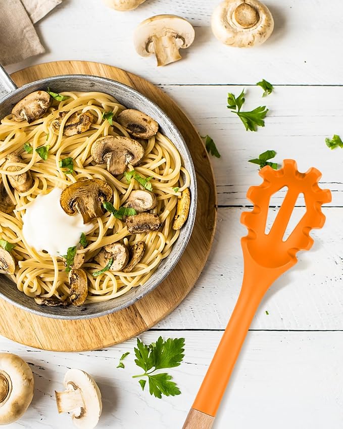Silicone Pasta Fork, Kitchen Heat Resistant Noodle Spoon Server, BPA Free Spaghetti Strainer,12.8 inch (ORANGE) BADIANO