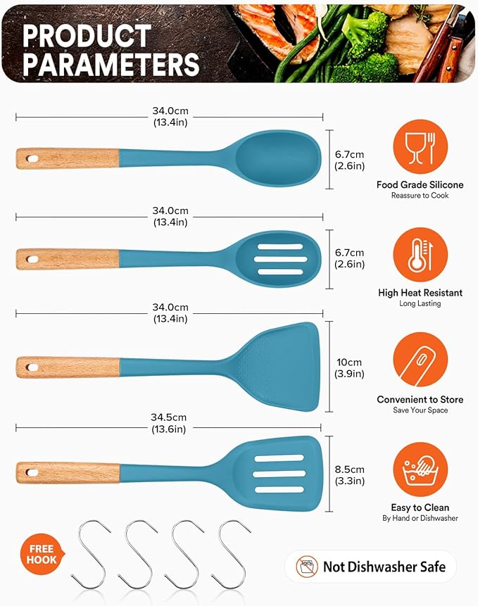 Silicone Cooking Utensils Set, Perfectly Angled for Frying, Mixing,Serving,Draining,Turning and Stirring, BPA-Free Matte Silicone, Wood Handles, Safe for Nonstick Cooking Surfaces,4 Pack (Blue) BADIANO