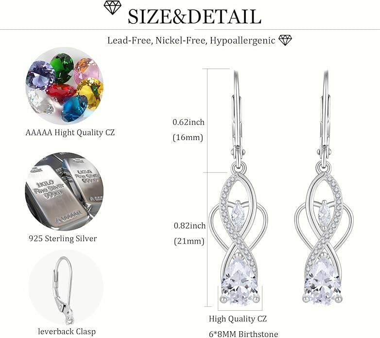Infinity Butterfly Earrings 925 Sterling Silver Birthstone Dangle Drop Leverback Earrings Cubic Zirconia Hypoallergenic Jewelry Birthday Christmas Gifts for Women Mother Wife Her FYNSBLE