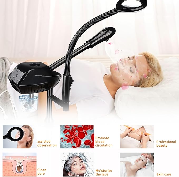 Facial Steamer for Ozone Humidifier Atomizer Attach 5× Magnifier and Light, Professional Face Steamer Clean Skin Firming Pores and Moisturizing Suitable for a Beauty, Spa, at Home BeautyPersonalCare