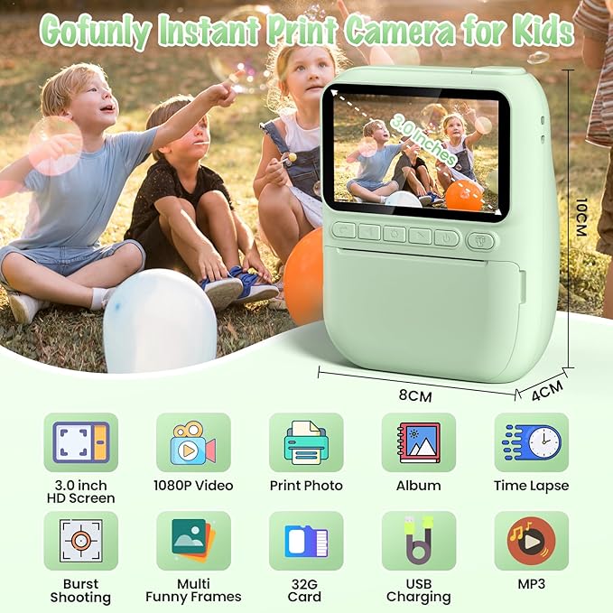 Kids Camera Instant Print, 3.0" HD 32MP 1080P Toddler Digital Camera with 3 Rolls of Printer Paper, Birthday Gifts Toy for 3-12 Year Old Girls Boys with 32GB SD Card-Green Gofunly