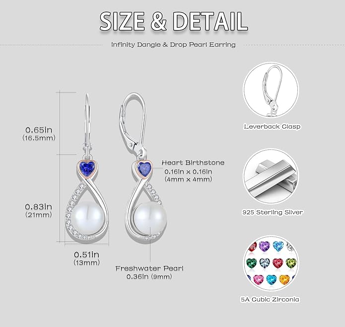 Heart Birthstone Pearl Earrings, 925 Sterling Silver Infinity Dangle Drop Leverback Earrings, 9mm Freshwater Cultured Pearl & 4mm Gemstone Jewelry Valentine's Day Gift for Women VESHONJEWELRY