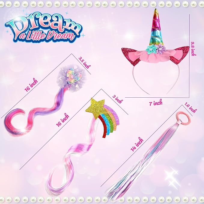 Jomi & Jolly 6 PCS Hair Accessories Set for Girls, Little Girl Colored Hair Tinsel Clips in Extensions, Princess Dress up Wigs, Cute Gifts and Costume Accessories for Little Princess (Unicorn) Kick Boosters