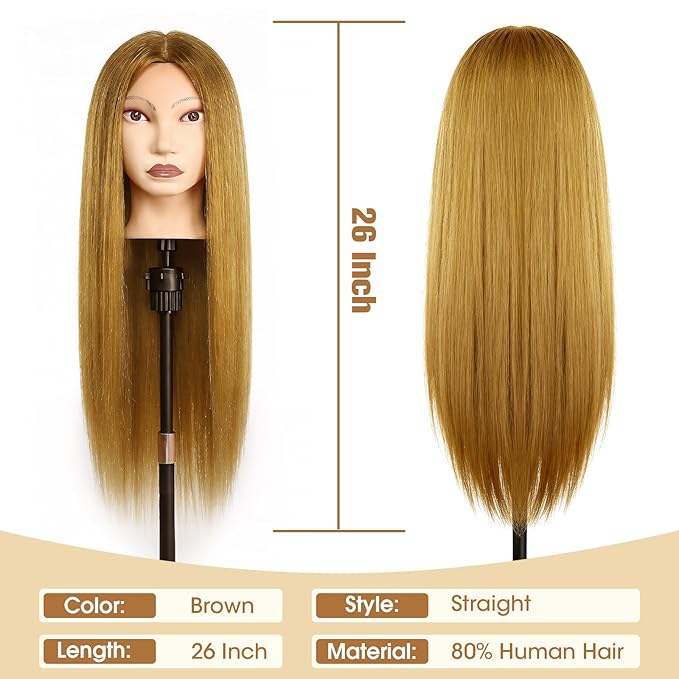 26" Mannequin Head Human Hair, MYSWEETY Cosmetology Mannequin Head with 80% Human Hair, Practice Training Doll Head with Clamp Holder and Tools (Golden) MYSWEETY