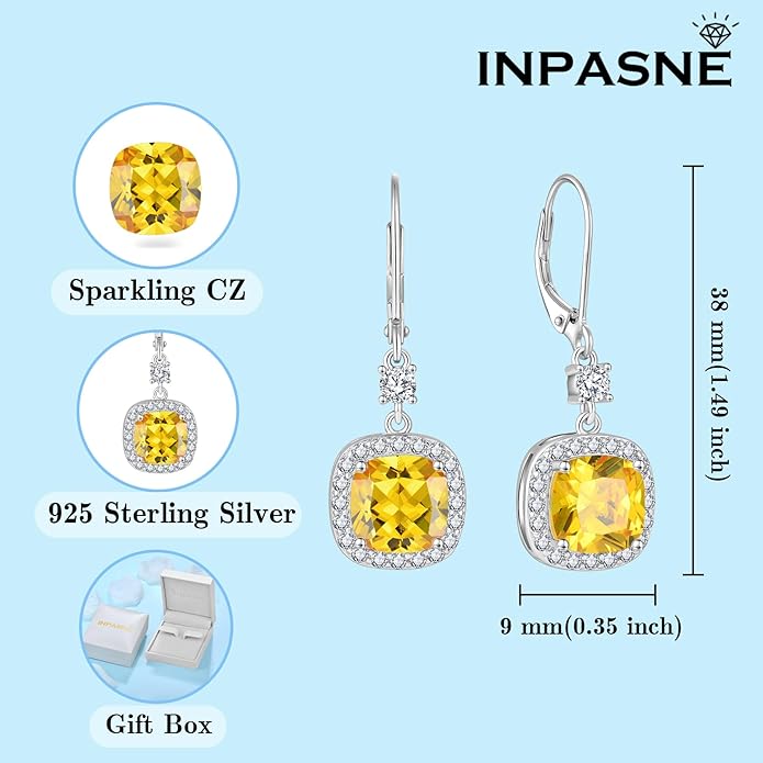 Women Leverback Earrings 925 Sterling Silver Princess Cut Halo Earrings Birthstone Dangle Drop Earrings for Women Her Mom Wife INPASNE