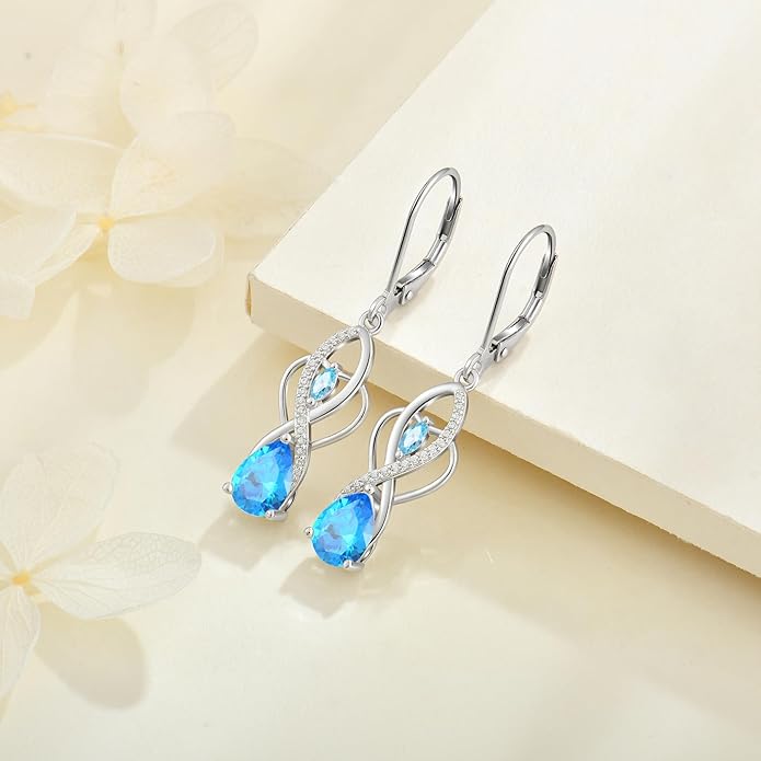 Infinity Butterfly Earrings 925 Sterling Silver Birthstone Dangle Drop Leverback Earrings Cubic Zirconia Hypoallergenic Jewelry Birthday Christmas Gifts for Women Mother Wife Her FYNSBLE