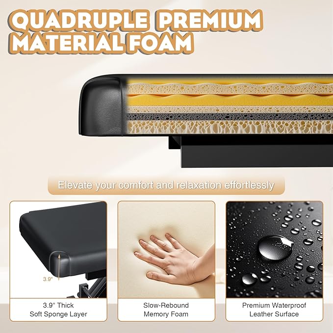 Stationary Massage Table with Memory Foam, Massage TattooTable with Adjustable Height, Facial Bed for Esthetician, PU Leather for Physical Therapy & Spa (Metal/ 2 Molds-Black, 44.7''L x 22''W) Kick Boosters