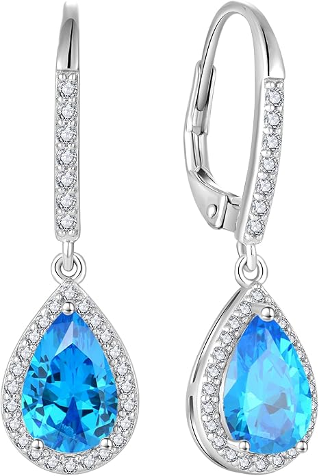 FJ Teardrop Dangle Drop Earrings 925 Sterling Silver Halo Leverback Earrings Birthstone Jewelry Gifts for Women FJ