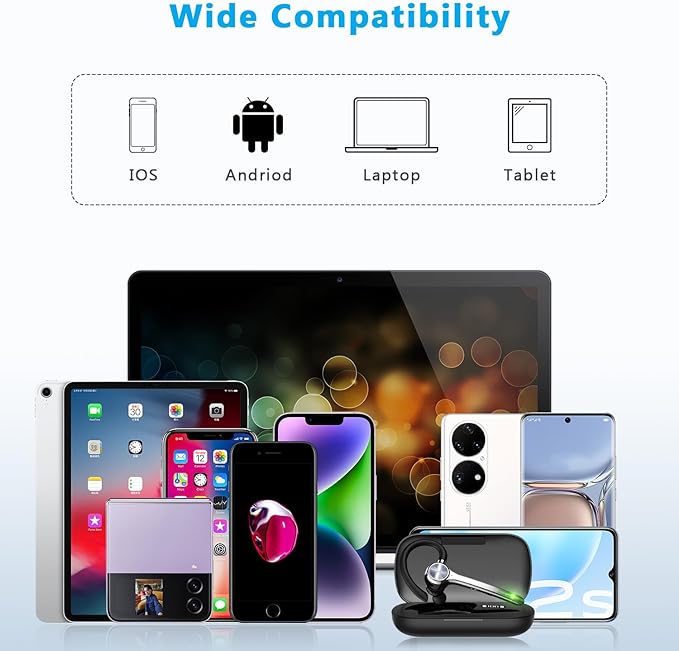 HEIBAS Bluetooth Headset, Wireless Bluetooth Earpiece with 500mAh Charging Case 72 Hours Talking Time Built-in Microphone for iOS Android Cell Phone, V5.1 Hand-Free Headphones for Trucker, Office HEIBAS