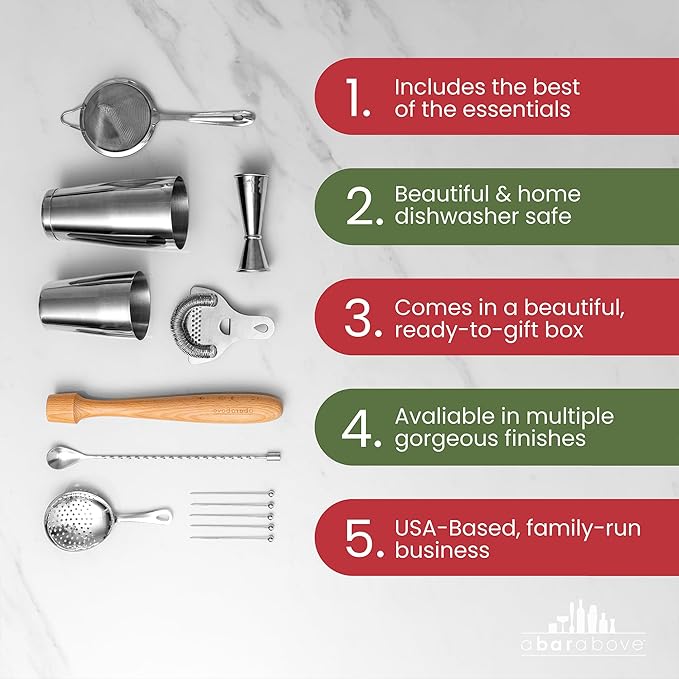 A Bar Above 14-Piece Stainless Steel Bartender Kit, Premium Professional Barware Set for Home Bars and Mixologists, Includes Cocktail Shaker, Jigger, Spoon, Strainers, Muddler, Picks, and More ABarAbove