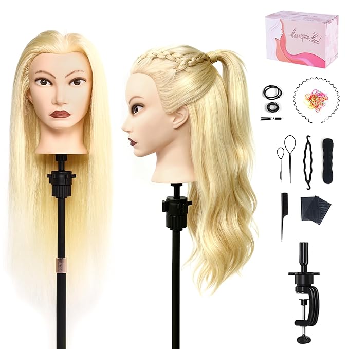 MYSWEETY Mannequin Head Human Hair, 26" Cosmetology Mannequin Head with 80% Human Hair, Doll Head for Hair Styling with Clamp Holder and Tools (White) MYSWEETY