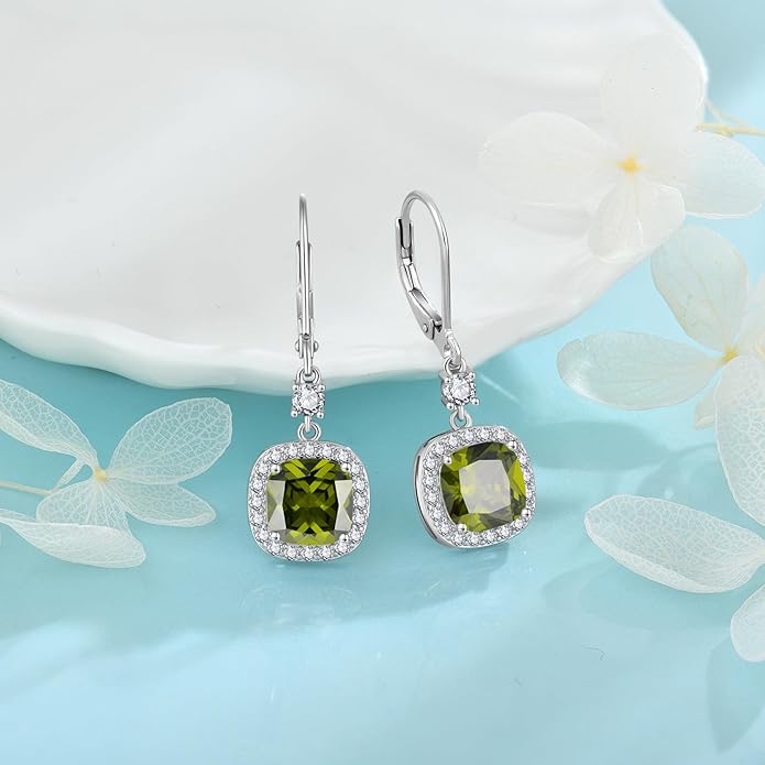 Women Leverback Earrings 925 Sterling Silver Princess Cut Halo Earrings Birthstone Dangle Drop Earrings for Women Her Mom Wife INPASNE