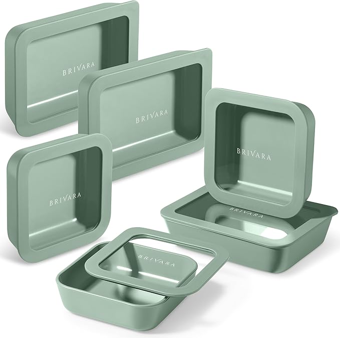 Ceramic Coated Glass Food Storage Container | No PTFE, PFOA, PFAS, and BPA | Reusable Non Toxic Meal Prep Container with Glass Lid | Easy To Store | 6 Piece Food Prep [Willow] BrivaraHome