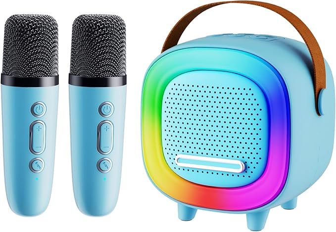 Mini Karaoke Machine Speaker for Kids Adults, Portable Bluetooth with 2 Wireless Microphones, Children's Day Birthday Gift Ideas for Toys for Teens Boys and Girls Aged 4, 5, 6, 7, 8, 9, 10, 11, 12+ Kick Boosters