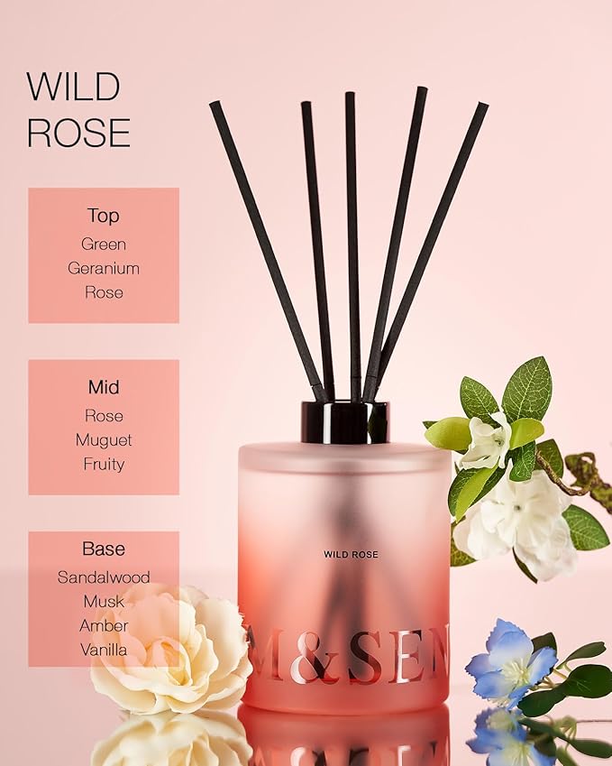 M&SENSE Wild Rose Reed Diffuser Set - 16.9 fl oz Large Room Scented Diffuser with Sticks, Long-Lasting Home Fragrance Gift for Bedroom, Bathroom & Office Decor MSENSE