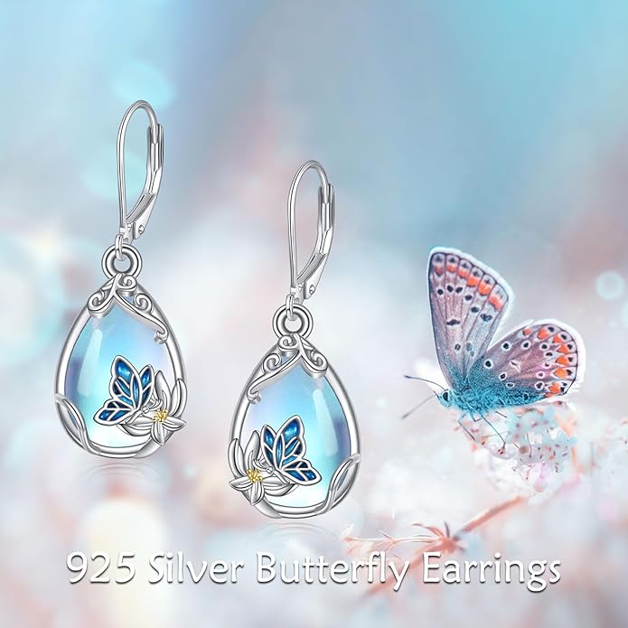 YFN Bee/Flower/Hummingbird Bird Moonstone Earrings 925 Sterling Silver Teardrop Dangle Hypoallergenic Leverback Earring for Women YFN