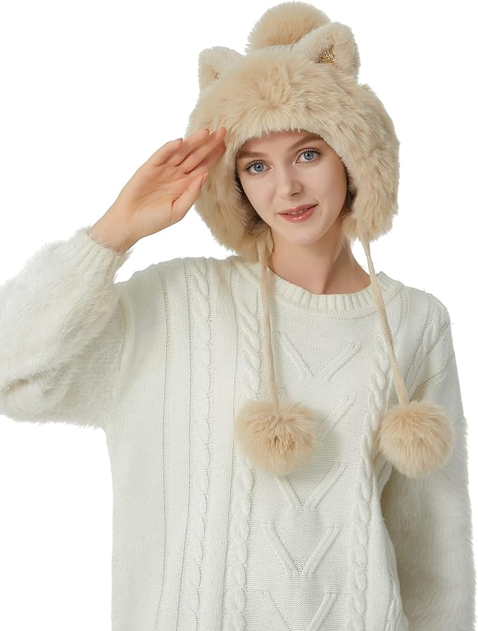 Women Winter Peruvian Cover Ears Beanie Hat Ear Flaps Sherpa Ski Snow Hats Knit Fleece Lined 3 Pom Pom HUAMULAN