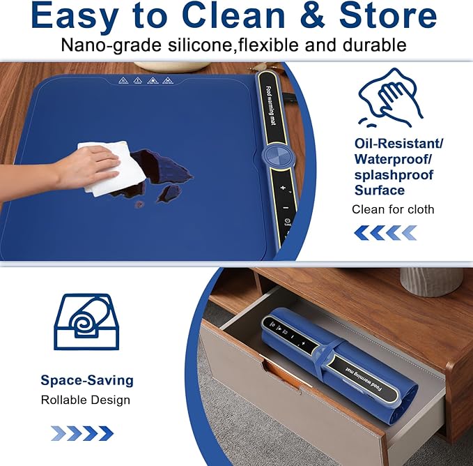 Warming Mat for Food -Food Warmers for Parties Buffet, Electric Warming Tray Full Surface Even Heating with 9-Level Temp Adjustable & 6H Auto Timer, Roll-Up Silicone Heating Pad for Home Travel (Blue) Sweetone