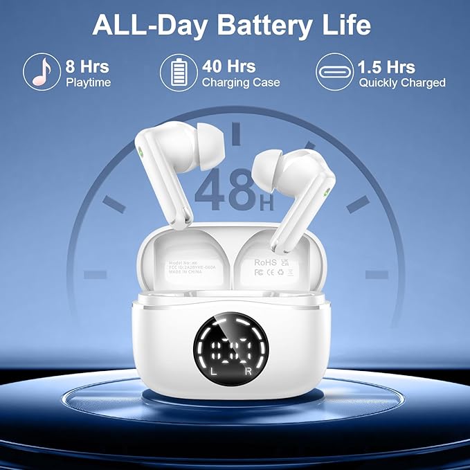 Wireless Earbuds, 2025 Bluetooth Headphones V5.4 Ear buds Built-in ENC Noise Cancelling Mics, 48H Stereo Bass Bluetooth Earbuds with Dual LED Display, IP7 Waterproof Earphones for Android iOS, White chalvh