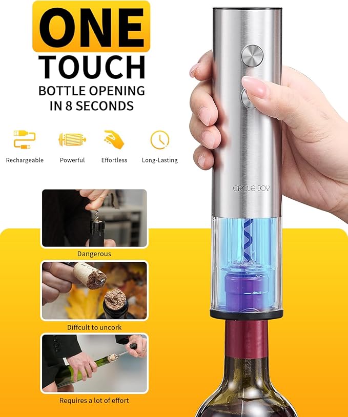 CIRCLE JOY Electric Wine Opener Rechargeable 5-in-1 Stainless Steel Wine Bottle Opener Premium Gift Set with Foil Cutter, Wine Aerator Pourer, Wine Drip Ring & Vacuum Stopper for Wine Lovers CIRCLEJOY