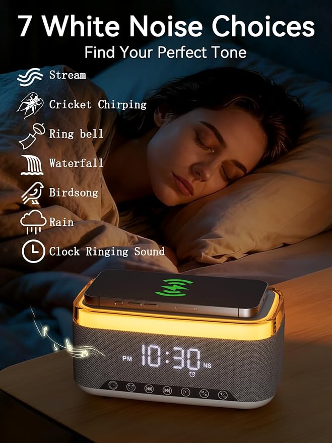 Bluetooth Speaker Alarm Clock with 10w Fast Wireless Charger for iPhone Samsung, 10W Stereo Bluetooth Speaker, 12-Color Night Light, White Noise Machine Digital Clock with FM Radio for Bedroom REATSOC