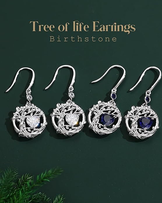 FANCIME Tree of Life Dangle Drop Earrings 925 Sterling Silver Dainty Round Gemstone Birthstone Earring Fine Jewelry Birthday Christmas Gifts for Her Women FANCIME