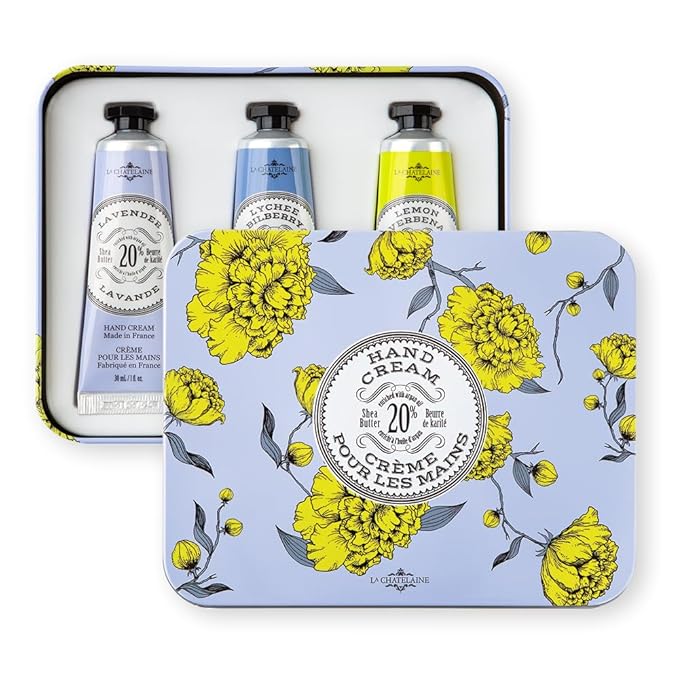 La Chatelaine French Hand Cream Trio Tin, Holiday Gift Set, Hand Lotion for Women, Made in France with 20% Organic Shea Butter (Lavender, Lychee Bilberry & Lemon Verbena or Citrus Fizz) 3 x 1 fl oz LaChatelaine