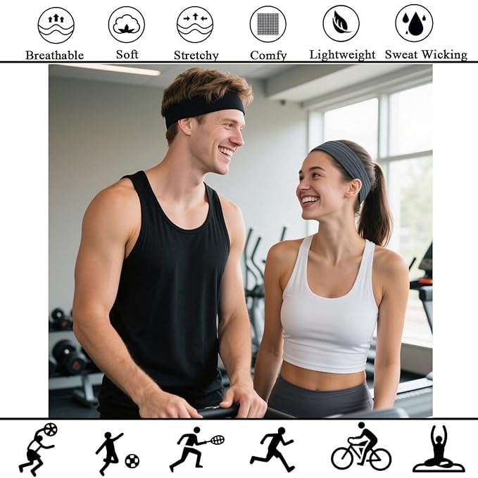 9PCS Headbands for Women and Men Stretchy Headband Soft Hair Band Fashion Head Bands for Women's Hair Workout Yoga Running Unisex Accessories Black Kick Boosters