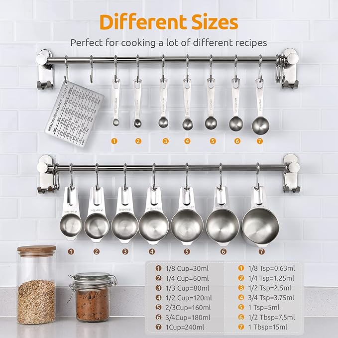 U-Taste Measuring Cups and Spoons Set of 15 : 7 Measuring Cups and 7 Measuring Spoons with 2 D-Rings and 1 Professional Magnetic Measurement Conversion Chart U-Taste