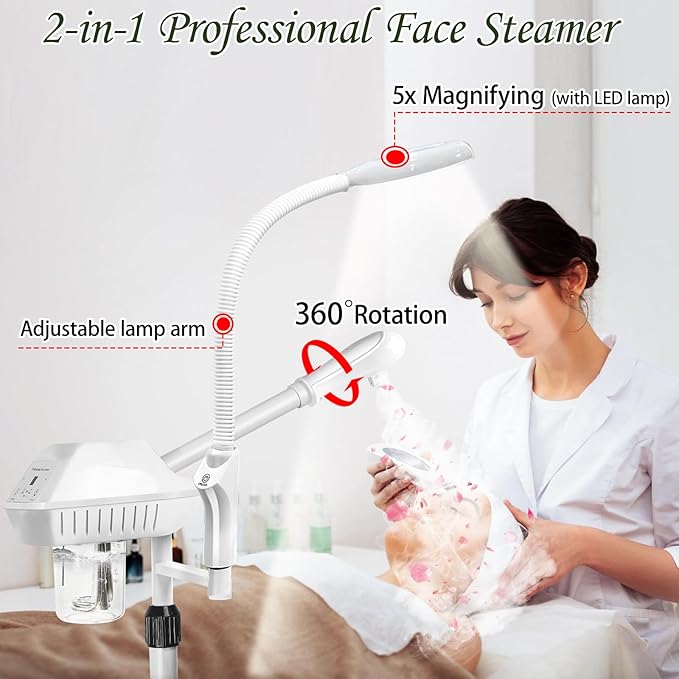Professional Facial Steamer for Deep Hydration,2in1 Ozone Face Steamer with 5X Magnifying Lamp,Suitable for Home Use or Beauty Spa Deep Cleansing and Hydration SalonSe%C3%B1or