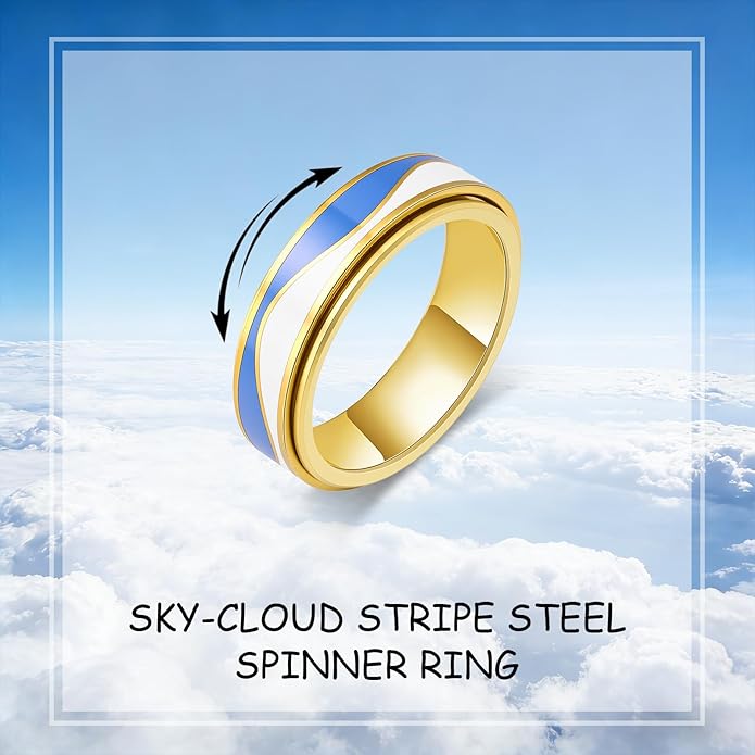 OreilleStar Fidget Anxiety Relief Ring for Women: Blue Sky and White Cloud Stripes Outer Band Fidget Toys Adults Stainless Steel Spinner Thumb Rings for Men Silver Gold Plated Size 5-10