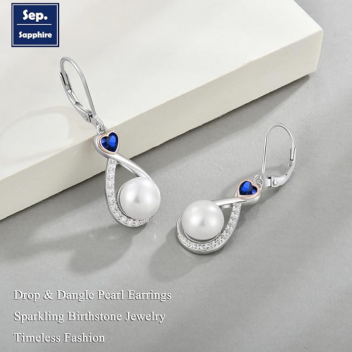 Heart Birthstone Pearl Earrings, 925 Sterling Silver Infinity Dangle Drop Leverback Earrings, 9mm Freshwater Cultured Pearl & 4mm Gemstone Jewelry Valentine's Day Gift for Women VESHONJEWELRY
