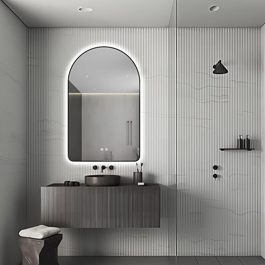 Niccy Arched LED Lighted Bathroom Mirror, 48x30 Inch Backlit Vanity Bathroom Mirror with Lights Brushed Black Framed Wall Mounted Mirrors with 3 Color Shatterproof Arch Smart Fog Free Mirror Niccy