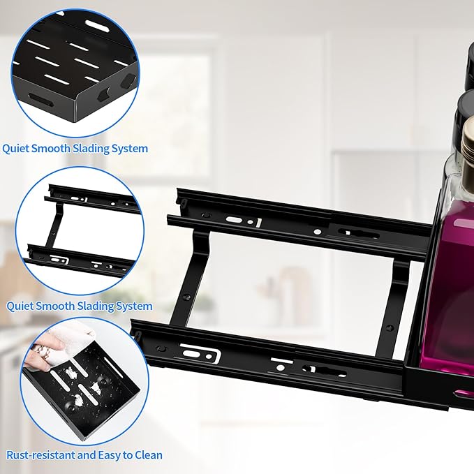 Pull Out Spice Rack Organizer for Cabinet, Heavy Duty-Slide Out Spice Rack, Vertical Spice Rack for Kitchen Cabinet and Pantry (6.3''Wx10.5''Dx2.8''H, Metal Black) BOIVSHI