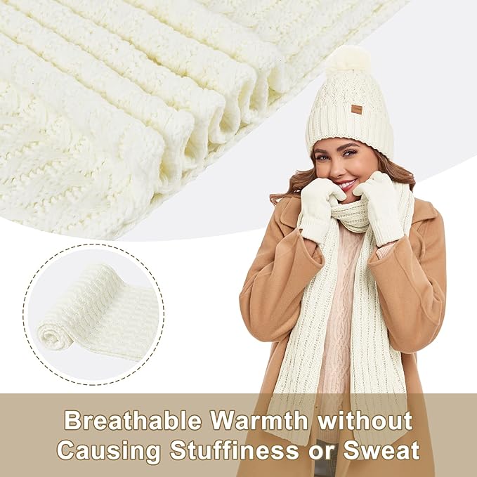 Womens Winter Warm Beanie Hat Long Neck Scarf and Touchscreen Gloves Set with Fleece Lined Pom Skull Caps for Women Harcent