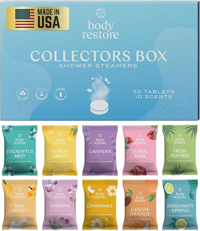 Body Restore Shower Steamers Aromatherapy 30 Pack - Christmas Stocking Stuffers for Men, Birthday Gifts for Women, White Elephant, Relaxation, Self Care - Collector’s Box BodyRestore