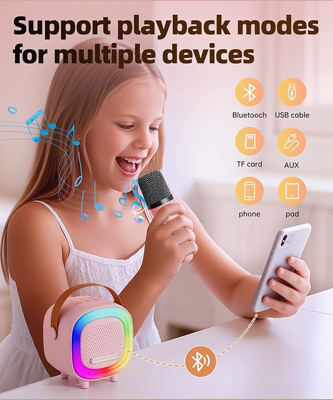 Mini Karaoke Machine Speaker for Kids Adults, Portable Bluetooth with 1 Wireless Microphones, Children's Day Birthday Gift Ideas for Toys for Teens Boys and Girls Aged 4, 5, 6, 7, 8, 9, 10, 11, 12+ Kick Boosters