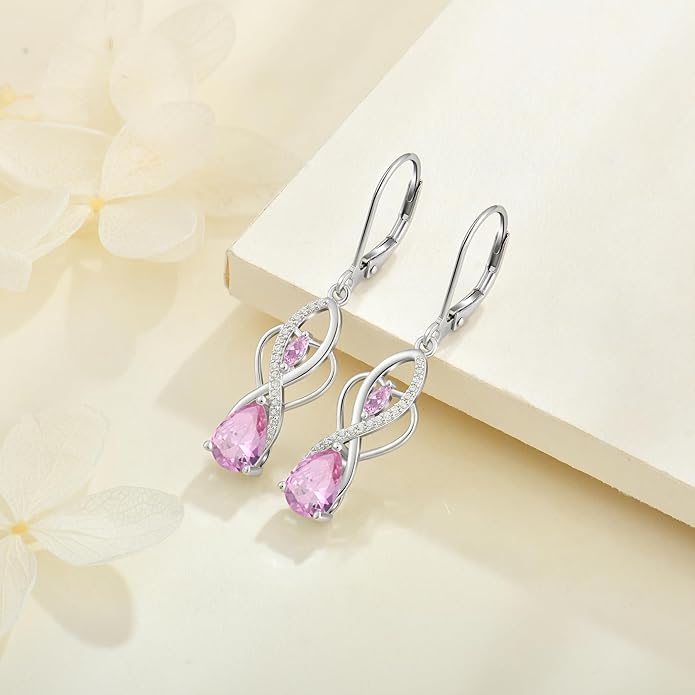 Infinity Butterfly Earrings 925 Sterling Silver Birthstone Dangle Drop Leverback Earrings Cubic Zirconia Hypoallergenic Jewelry Birthday Christmas Gifts for Women Mother Wife Her FYNSBLE