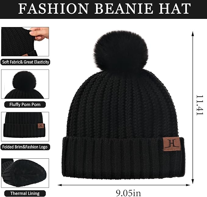 Womens Winter Warm Beanie Hat Long Neck Scarf Touchscreen Gloves Set Knit Skull Caps Pompom Fleece Gifts FZFANTASTICZONE