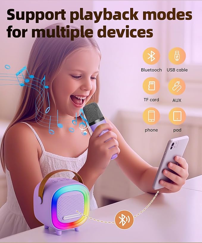 Mini Karaoke Machine Speaker for Kids Adults, Portable Bluetooth with 1 Wireless Microphones, Children's Day Birthday Gift Ideas for Toys for Teens Boys and Girls Aged 4, 5, 6, 7, 8, 9, 10, 11, 12+ Kick Boosters